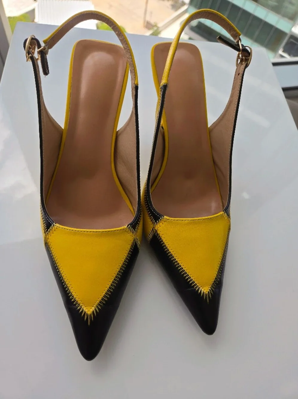 Women's Yellow and Black Pointed Slingback Heels
